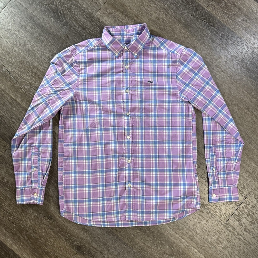 Vineyard Vines Men's Size M Pink/Blue Plaid Whale Stretch Button-Down Shirt
